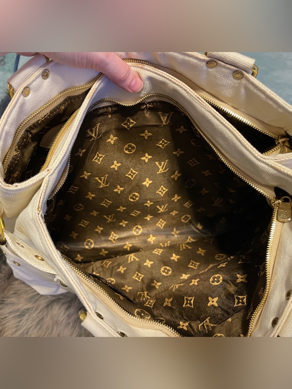 Designer inspired logo Globe Shopper Canvas Beige tote bag - Picture 6 of 16